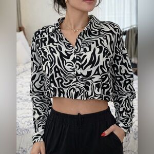Bershka Black and White Patterned Button Down Shirt